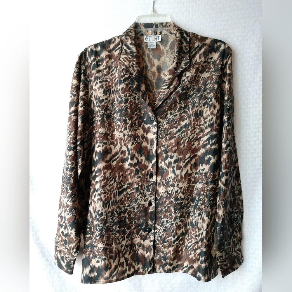 Vintage Stunt Silk Blouse Shirt Animal Print Brown Black Size Medium